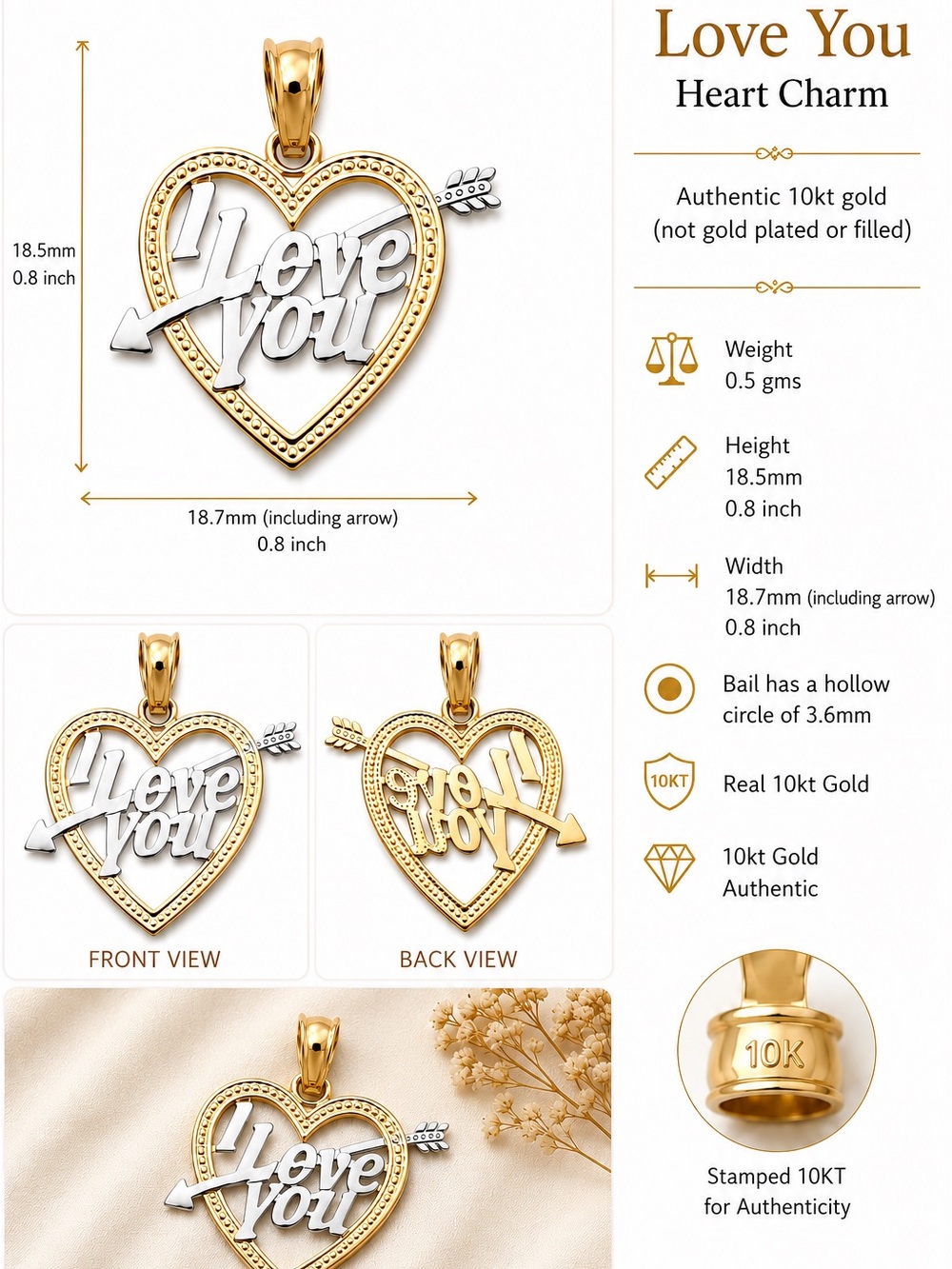 10kt Gold Two-Tone "Love You" Heart Charm Pendant